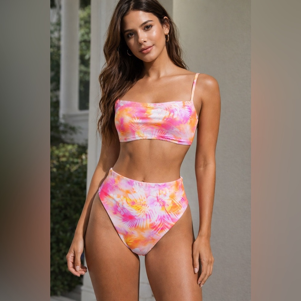 Hobie Women's High-Waist Tie-Dye Bandeau Bikini - Pink Orange